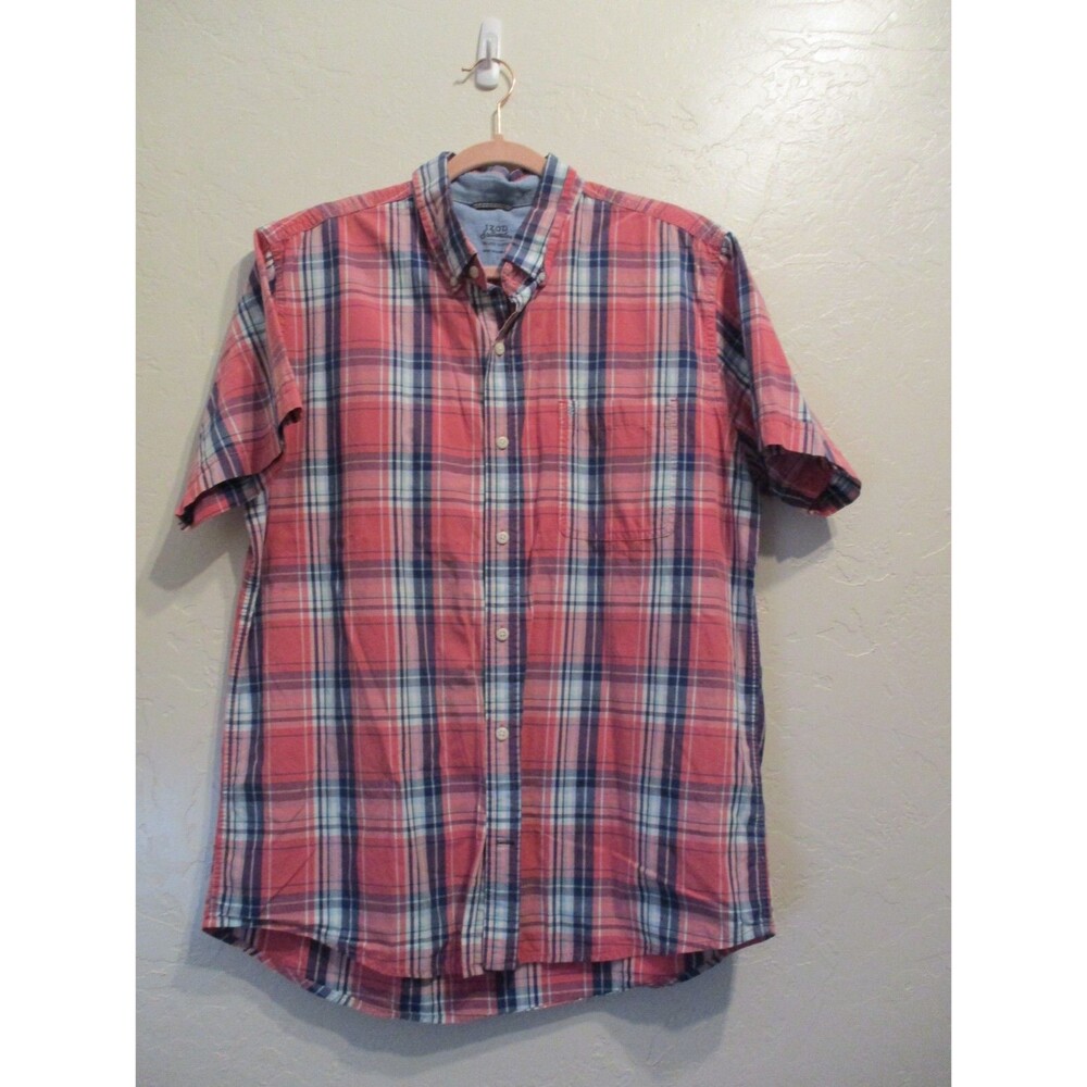 IZOD Saltwater Men’s Size Large Plaid Short Sleeve Button Down Shirt 100% Cotton
